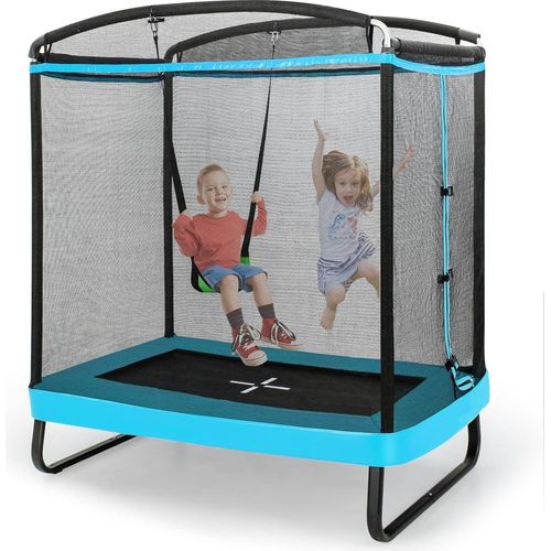 KOMFOTTEU Kindertrampolin mit Schaukel, rechteckiges Trampolin mit Sicherheitsnetz, Kinder Gartentrampoline 190x122x210cm