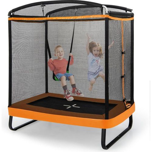KOMFOTTEU Kindertrampolin mit Schaukel, rechteckiges Trampolin mit Sicherheitsnetz, Kinder Gartentrampoline 190x122x210cm