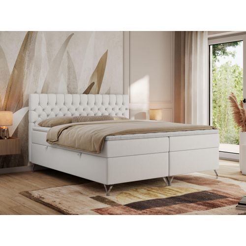 MKS MEBLE Boxspringbett 120x200, Bett 120x200 mit Matratze H4, Boxspringbett 120x200 mit Bettkasten und Topper, Polsterbett 120x200 Füße - GRIMALDI - 120x200 - Weiß Kunstleder - H4