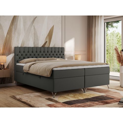 MKS MEBLE Boxspringbett 120x200, Bett 120x200 mit Matratze H3, Boxspringbett 120x200 mit Bettkasten und Topper, Polsterbett 120x200 Füße - GRIMALDI - 120x200 - Dunkelgrau Kunstleder - H3