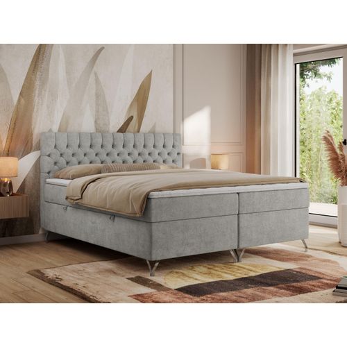 MKS MEBLE Boxspringbett 120x200, Bett 120x200 mit Matratze H4, Boxspringbett 120x200 mit Bettkasten und Topper, Polsterbett 120x200 Füße - GRIMALDI - 120x200 - Hellgrau Struktur - H4