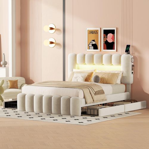 Merax Polsterbett 140x200cm mit LED, USB und Stereoanlage, Doppelbett mit höhenverstellbarem Kopfteil und 4 Schubladen, Samt Funktionsbett Stauraumbett
