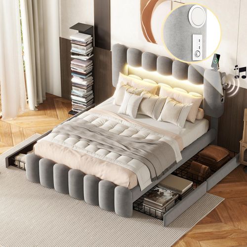 Merax Polsterbett 140x200cm mit LED, USB und Stereoanlage, Doppelbett mit höhenverstellbarem Kopfteil und 4 Schubladen, Samt Funktionsbett Stauraumbett