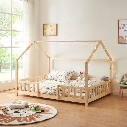 Kinderbett ’Sisimiut’ in Haus-Optik mit Rausfallschutz Kiefernholz 140 x 200 cm Holzfarben