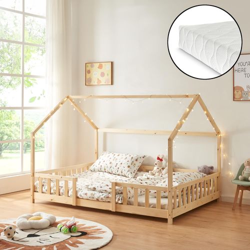 Kinderbett ’Sisimiut’ in Haus-Optik mit Matratze und Rausfallschutz Kiefernholz 140 x 200 cm Holzfarben