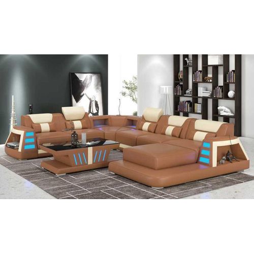 Couch Zeitgenössisch Ecksofa U Form Gelb Wohnlandschaft Ledersofa Sofa JVmoebel