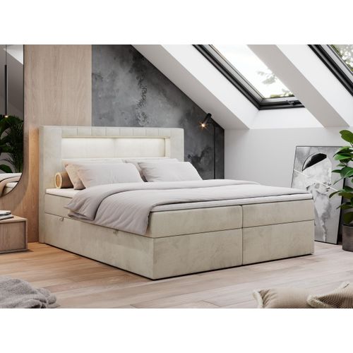 Boxspringbett 140x200 mit Led, Polsterbett mit LED Kopfteil - Multipocket-Matratze - Doppelbett - GOLD-5 - 140x200 - Beige - Velvet - H3