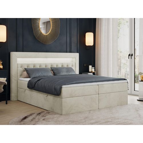 Boxspringbett 180x200 mit Led, Polsterbett 180x200 mit LED Kopfteil - Multipocket-Matratze H4 - Doppelbett mit Bettkasten Stauraumbett, GOLD-6 - 180x200 - Beige - Velvet - Hart (H4)