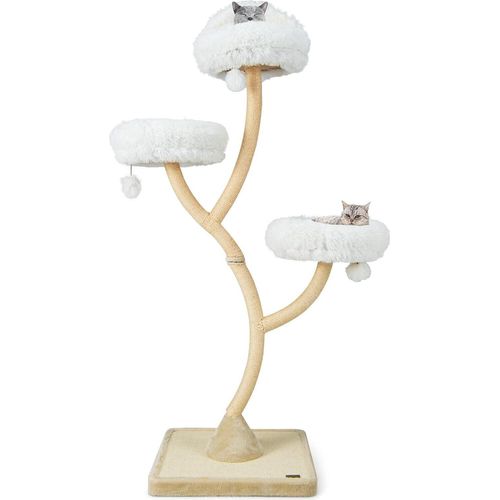 COSTWAY Kratzbaum, 178 cm Katzenbaum mit Sisal-Kratzsäulen, 3 warmen Liegeflächen & Plüschbälle, Katzenturm mit gebogenem Metallgestell, Kletterbaum, Katzenmöbel für große und kleine Katzen (Beige)