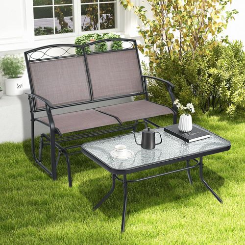 Gartenbank Schaukelbank 2 Sitzer mit Couchtisch, Gartenschaukel Sitzbank Metall & Textilene, 2er Set Gartenmoebel Balkonmoebel Set Balkonset Schaukel Bank Garten, Gartengarnitur Sitzgruppe