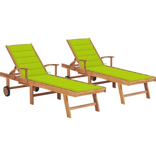 Sonnenliegen 2 Stk. mit Auflagen Hellgrün Massivholz Teak