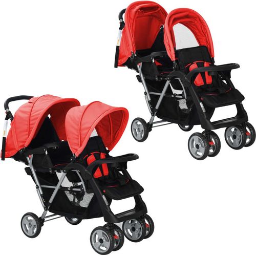Geschwisterwagen Stahl Rot und Schwarz , Kombikinderwagen Design 2024