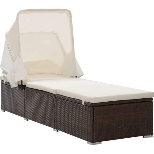 Sonnenliege mit Sonnenschutz und Auflagen Poly Rattan Braun