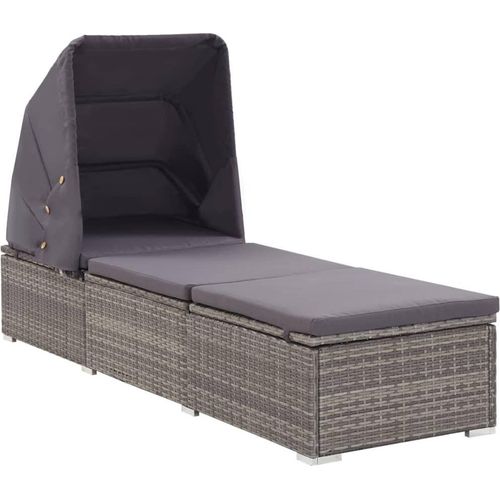 Sonnenliege mit Sonnenschutz und Auflagen Poly Rattan Grau
