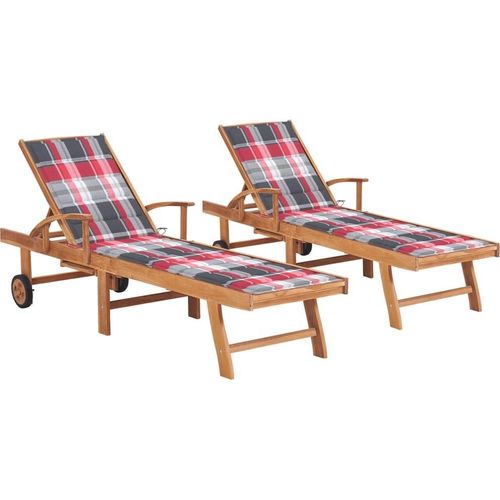 Sonnenliegen 2 Stk. Auflagen Rotes Karomuster Massivholz Teak