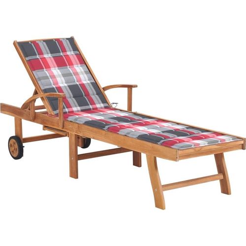 Sonnenliege mit Auflage Rotes Karomuster Massivholz Teak
