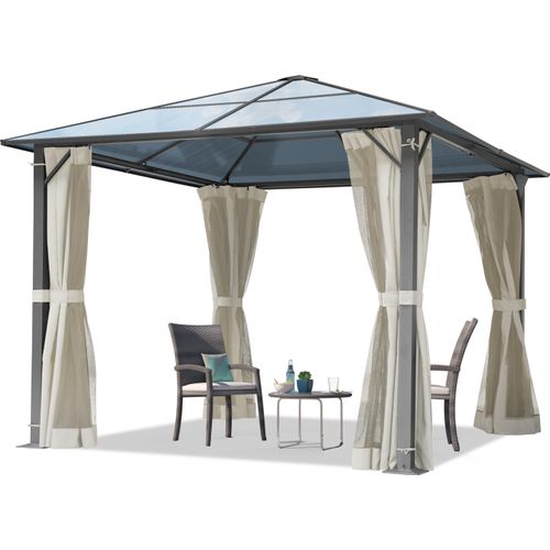 Gartenpavillon 3x3 m ca 6 mm Polycarbonat-Dach mit Moskitonetzen und Seitenteilen in crème