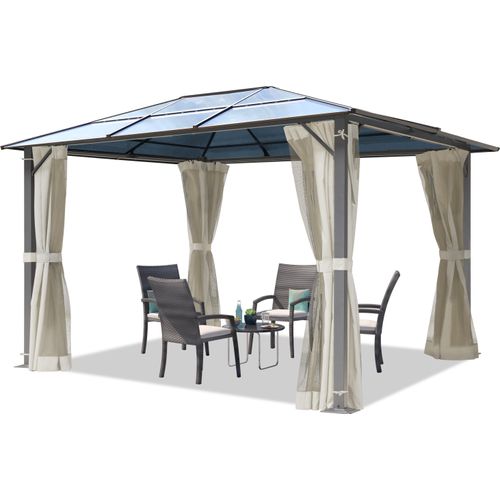 Gartenpavillon 3x3,65 m ca 6 mm Polycarbonat-Dach mit Moskitonetzen und Seitenteilen in crème
