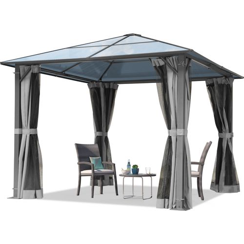 Gartenpavillon 3x3 m ca 6 mm Polycarbonat-Dach mit Moskitonetzen und Seitenteilen in grau