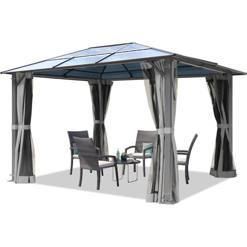 Gartenpavillon 3x3,65 m ca 6 mm Polycarbonat-Dach mit Moskitonetzen und Seitenteilen in grau