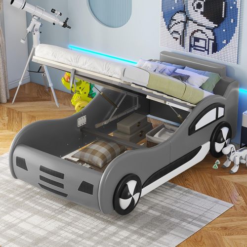 Kinder-Auto-Bett, Design inspiriert von Autos, Lattenrost, Grau, 90x200 cm
