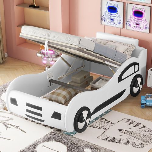 Kinder-Auto-Bett, Design inspiriert von Autos, Lattenrost, Weiß, 90x200 cm