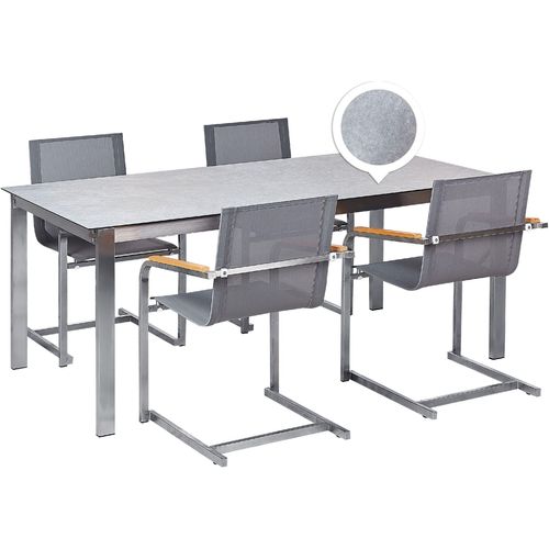 BELIANI Gartenmöbel Set Grau Edelstahl 4 Stühle Polyester Tisch 180x90 cm Sicherheitsglas Keramik Gartenausstattung Terrasse Outdoor Indoor