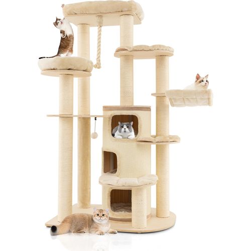 COSTWAY 173cm Kratzbaum Holz, Katzenbaum Groß, Katzenkratzbaum mit Katzenhöhle & Matten & Ball & Hängeseil, Aktivitätsbaum Mehrstöckig, Katzenmöbel Kletterbaum Katzenhaus (Beige)