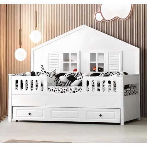 Kinderbett Holzbett Funktionsbett Ausziehbares Weiß Holz Bett JVmoebel