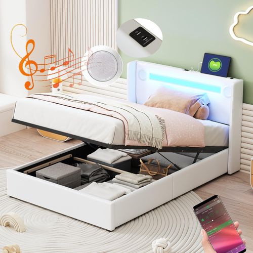 Flieks Polsterbett 90x200cm mit USB und Bluetooth-Player, Boxspringbett Einzelbett mit LED und Lattenrost, Stauraumbett Jugendbett, PU, Weiß Image