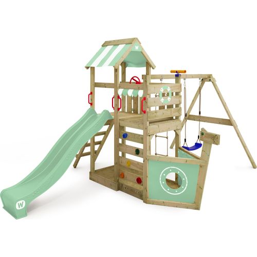 WICKEY Spielturm Klettergerüst SeaFlyer mit Schaukel & Rutsche, Baumhaus mit Sandkasten, Kletterleiter & Spiel-Zubehör – pastellgrün