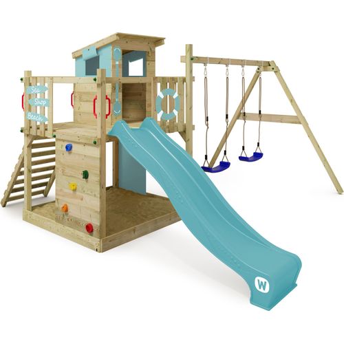WICKEY Spielturm Klettergerüst Smart Camp mit Schaukel & Rutsche, Baumhaus mit Sandkasten, Kletterleiter & Spiel-Zubehör – pastellblau