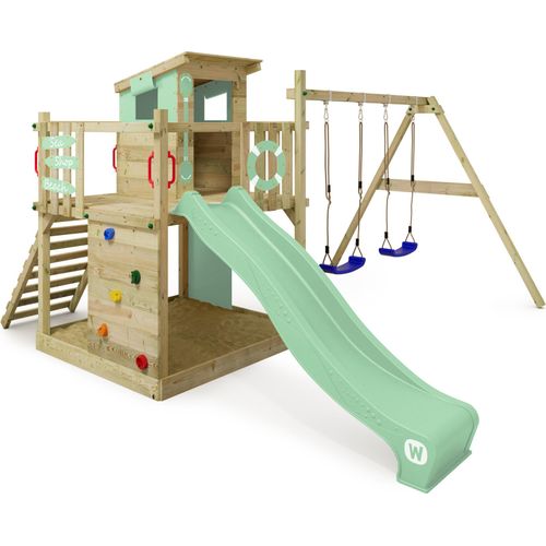 WICKEY Spielturm Klettergerüst Smart Camp mit Schaukel & Rutsche, Baumhaus mit Sandkasten, Kletterleiter & Spiel-Zubehör – pastellgrün