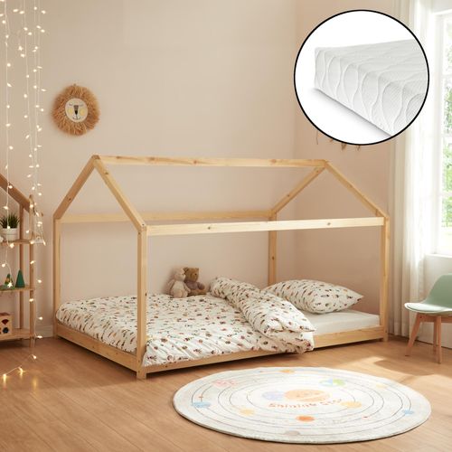 Kinderbett 'Cerro' Hausbett mit Matratze 120x200cm Holzfarben