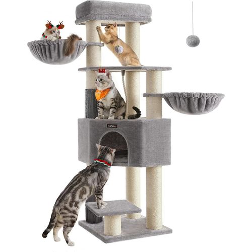 Feandrea Kratzbaum mit selbstheizenden Decken, für große Katzen, Kratzbaum, 2 Katzenbürsten, 9 dicke Stämme von 11,1 cm Durchmesser,