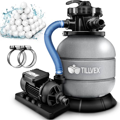 tillvex® Sandfilteranlage Pool 7.900L/h inkl. 400g Filterbälle grau | Filteranlage 7-Wege Ventil & 2in1 Adapter Ø32mm - 38mm | Poolfilter mit Druckanzeige | Sandfilter für Schwimmbecken