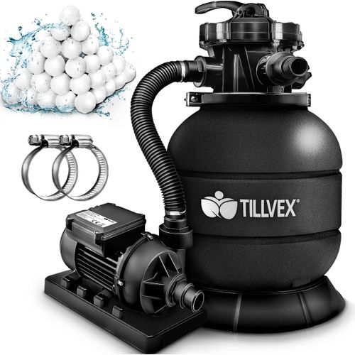 tillvex® Sandfilteranlage Pool 7.900L/h inkl. 400g Filterbälle schwarz | Filteranlage 7-Wege Ventil & 2in1 Adapter Ø32mm - 38mm | Poolfilter mit Druckanzeige | Sandfilter für Schwimmbecken
