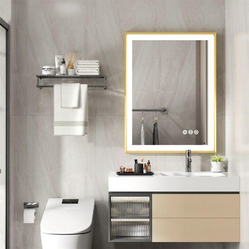 WISFOR LED Badspiegel mit goldenem Aluminiumrahmen 60 x 80 cm, Wandspiegel mit Touch Schalter, Anti-Fog dimmbar für Badezimmer Schlafzimmer Make-Up, 3