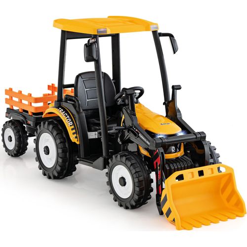 GOPLUS 3 in 1 Kinder Traktor, Elektroauto mit 6 Rädern & Verstellbarer Grabschaufel & abnehmbarem Anhänger, Elektro Aufsitztraktor für Kinder 3-8 Jahren, bis zu 30 kg belastbar(gelb)