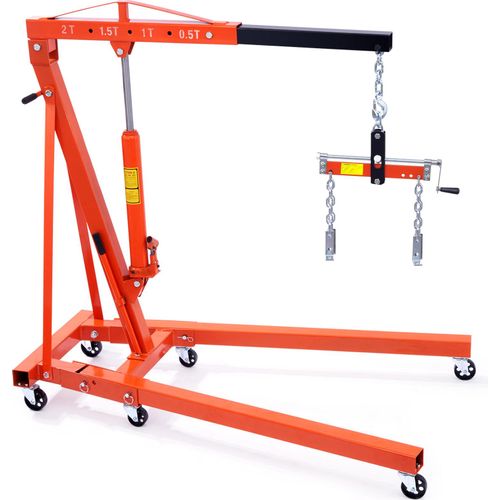 VEVOR Motorheber Motorkran 2t, Werkstattkran + Nivellierer für Motorheber 680 kg, Klappbarer Motorhalter Hochleistungsstahl Motorkran, Werkstatt Kran Getriebeheber Hebekran Ladekran Orange + Schwarz