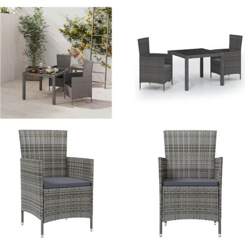 vidaXL 3 tlg. Garten Essgruppe mit Auflagen Poly Rattan Grau - Esszimmergarnitur Für Den Außenbereich - Esszimmer-Sets Für Den Außenbereich - Esszimmermöbel Für Den Außenbereich - Gartentisch Und -stuhl