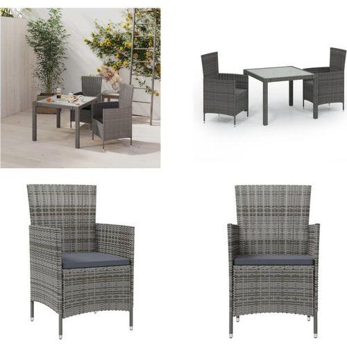 vidaXL 3 tlg. Garten Essgruppe mit Auflagen Poly Rattan Grau - Esszimmergarnitur Für Den Außenbereich - Esszimmer-Sets Für Den Außenbereich - Esszimmermöbel Für Den Außenbereich - Gartentisch Und -stuhl