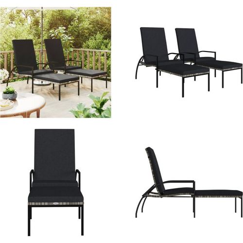 vidaXL Sonnenliegen 2 Stk. mit Fußhocker PE Rattan Grau - Sonnenliege - Sonnenliegen - Chaiselongue - Gartenstuhl