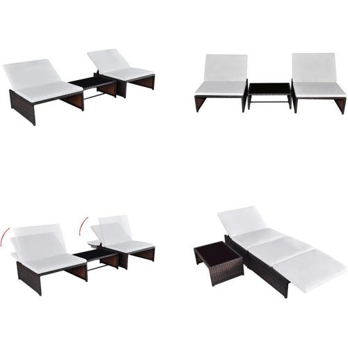 vidaXL Sonnenliegen 2 Stk. mit Tisch Poly Rattan Braun - Sonnenliege - Sonnenliegen - Hollywoodschaukel - Hollywoodschaukeln