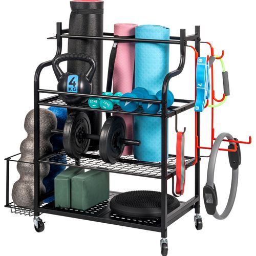 eluno Sportgerätewagen, Yogamattenregal mit stabilen Ablageflächen, vielen Haken und seitlichem Aufbewahrungskorb, Hantelständer, Fitnessgeräte-Organizer für Kettlebell, Faszienrolle, Hanteln und Fitnesszubehör aus schwarzem Stahl