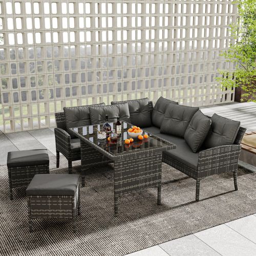 Merax Ratten Gartenmöbel Set 7 Personen, 5-tlg.Gartenlounge Set mit Stahlrahmen und Kissen,Sitzgruppe Gartengarnitur mit Sofa, Hocker und Tisch, Grau