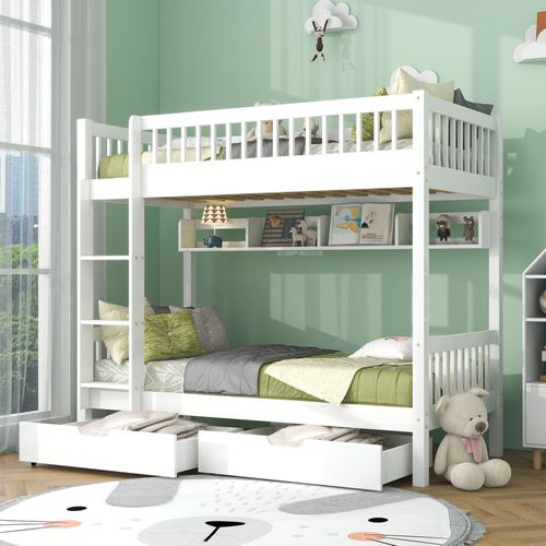 Kinderbett Etagenbett 90x200cm mit 3-tufige Rechtwink Leiter Fallschutzgit, Regale und MDF-Schubladen, Kiefernholzrahmen aus Massivholz