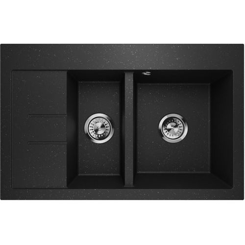 Küchenspüle Granit Waschbecken Restbecken Abtropffläche Luxor 1.5S Schwarz Metallic L Siphon 10390
