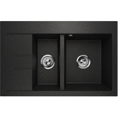 Küchenspüle Granit Waschbecken Restbecken Abtropffläche Luxor 1.5S Schwarz Gold Links Siphon 10391