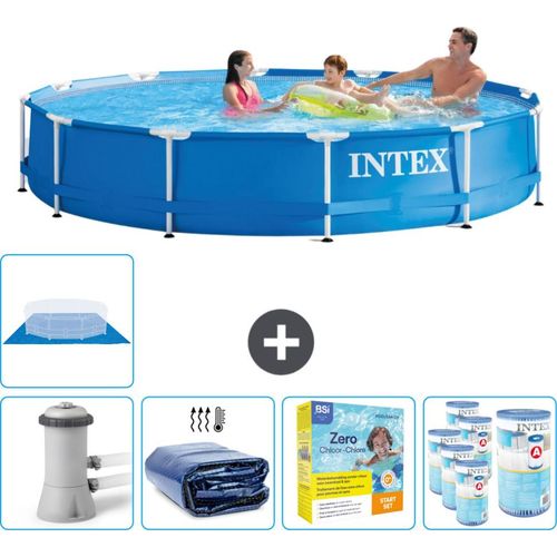 Intex Rundrahmen-Schwimmbecken – 366 x 76 cm – Blau – inklusive Pumpe Sonnensegel - Wartungspaket - Filter - Bodenplane